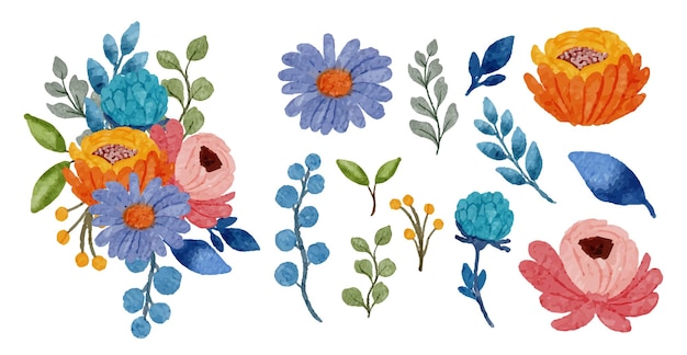 Бесплатное векторное изображение Большой ботанический набор полевых цветов набор отдельных частей и объединение в красивый букет цветов в стиле акварели на белом фоне плоской векторной иллюстрации