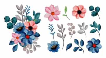 Free vector large botanical set of wild flowers set of separate parts and bring together to beautiful bouquet of flowers in water colors style on white background flat vector illustration