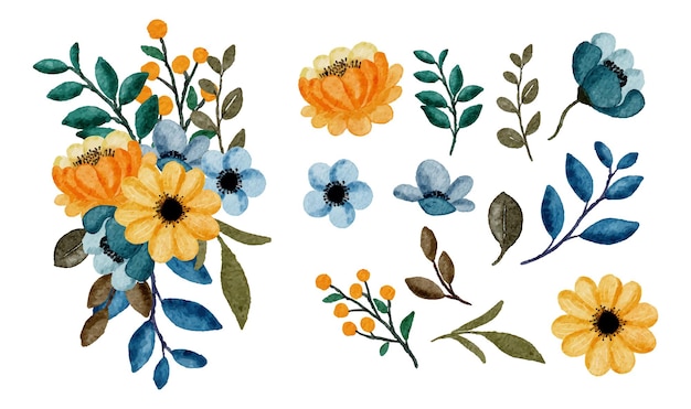 Большой ботанический набор полевых цветов Набор отдельных частей и объединение в красивый букет цветов в стиле акварели на белом фоне плоской векторной иллюстрации