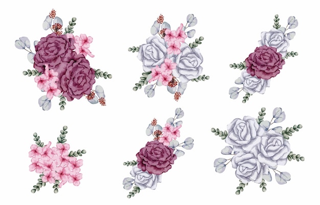 Grande set botanico di fiori selvatici set di parti separate e riunire un bellissimo bouquet di fiori in stile acquarello su sfondo bianco piatto illustrazione vettoriale