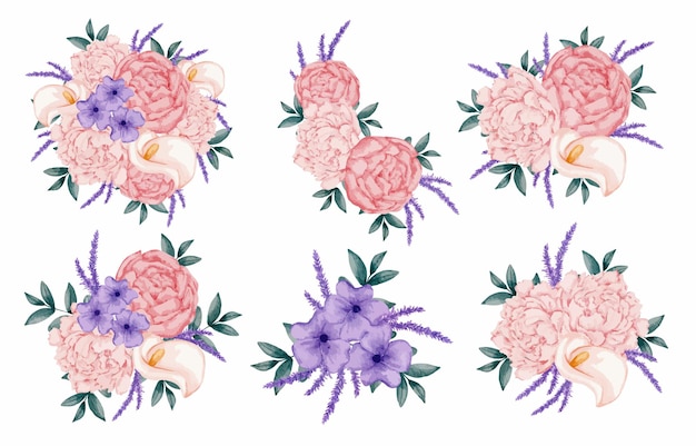 Free vector large botanical set of wild flowers set of separate parts and bring together to beautiful bouquet of flowers in water colors style on white background flat vector illustration