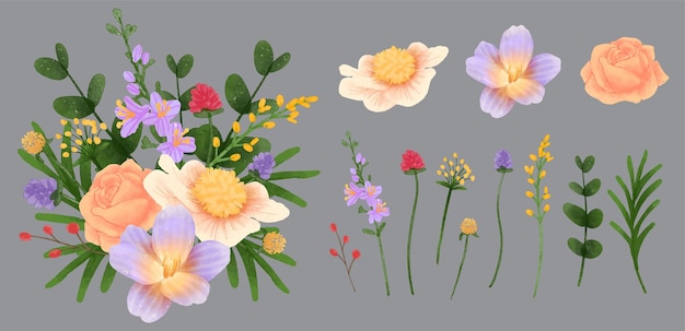 Free vector large botanical set of wild flowers set of separate parts and bring together to beautiful bouquet of flowers in water colors style on white background flat vector illustration
