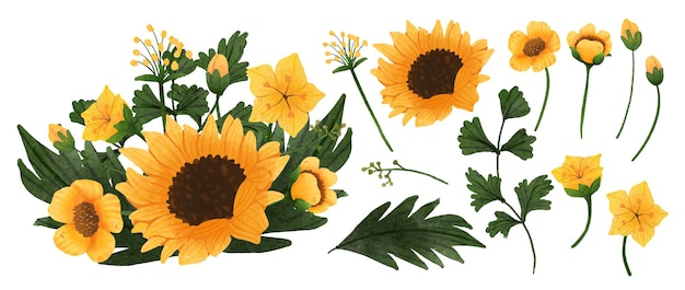 Free vector large botanical set of wild flowers set of separate parts and bring together to beautiful bouquet of flowers in water colors style on white background flat vector illustration