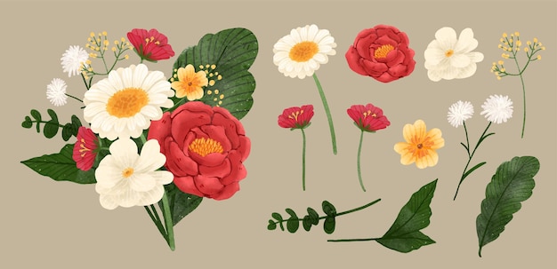 Large botanical set of wild flowers set of separate parts and bring together to beautiful bouquet of flowers in water colors style on white background flat vector illustration