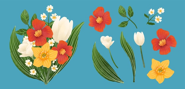 Large botanical set of wild flowers set of separate parts and bring together to beautiful bouquet of flowers in water colors style on white background flat vector illustration