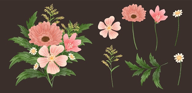 Vettore gratuito grande set botanico di fiori selvatici set di parti separate e riunire un bellissimo bouquet di fiori in stile acquarello su sfondo bianco piatto illustrazione vettoriale