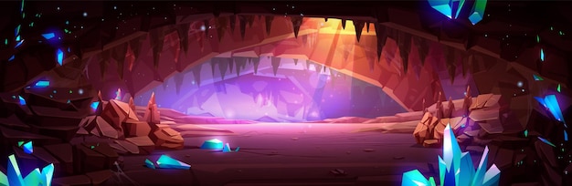 Free vector large cave with gemstones on walls vector cartoon illustration of underground mine with sparkling blue mineral stones rocky stalactites in dungeon sunlight at exit treasure search game background