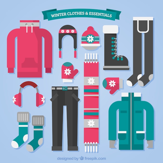 Large collection of winter clothes in flat design