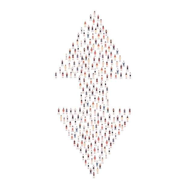 Large group of people silhouette crowded together in arrow direction shape isolated vector