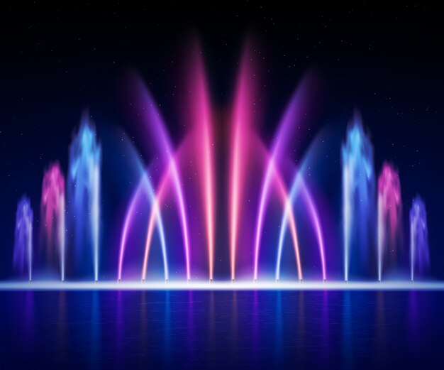 大規模なマルチカラーの装飾的なダンスウォータージェットは、夜のリアルなイメージイラストで光噴水ショーを主導