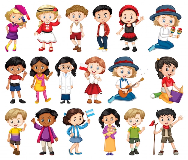 Free vector large set of boys and girls doing different activity on white background