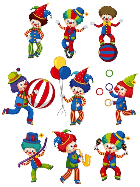 Free vector large set of circus clowns doing different tricks