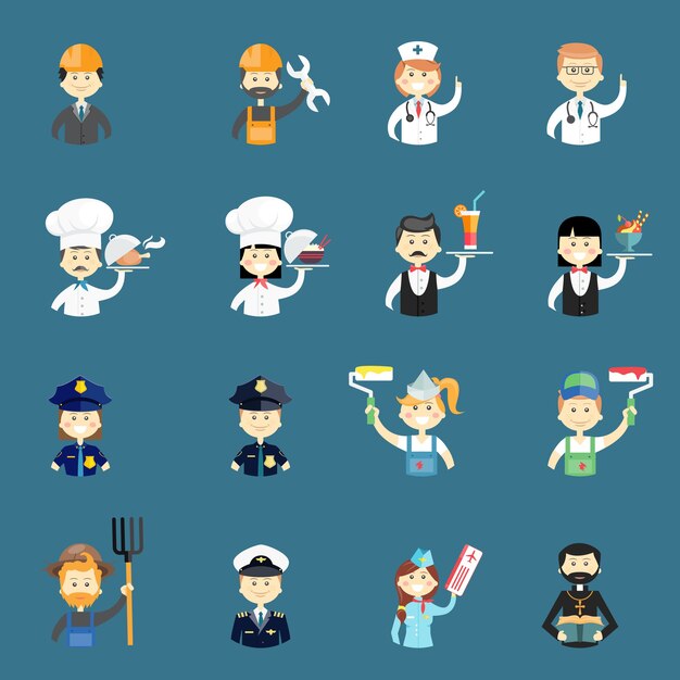 Large set of funny professional people avatars with a doctor  nurse  architect  builder  chef  cook  water  waitress  policeman  policewoman  painter  pilot  priest  air hostess and farmer