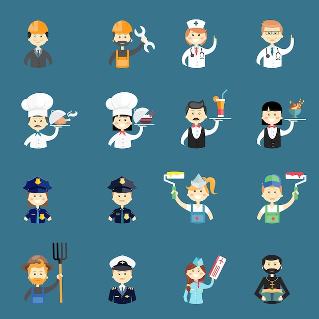 Large set of funny professional people avatars with a doctor  nurse  architect  builder  chef  cook  water  waitress  policeman  policewoman  painter  pilot  priest  air hostess and farmer