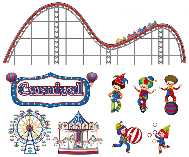 Бесплатное векторное изображение Большой набор карнавальных предметов и клоунов на белом
