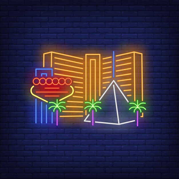 Las vegas city buildings and landmarks neon sign. sightseeing, tourism, casino.