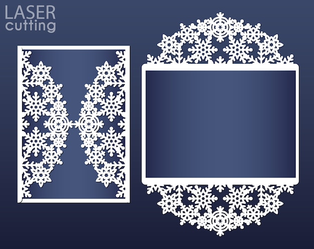 Laser cut invitation card template. cutout paper gate fold card with snowflakes pattern