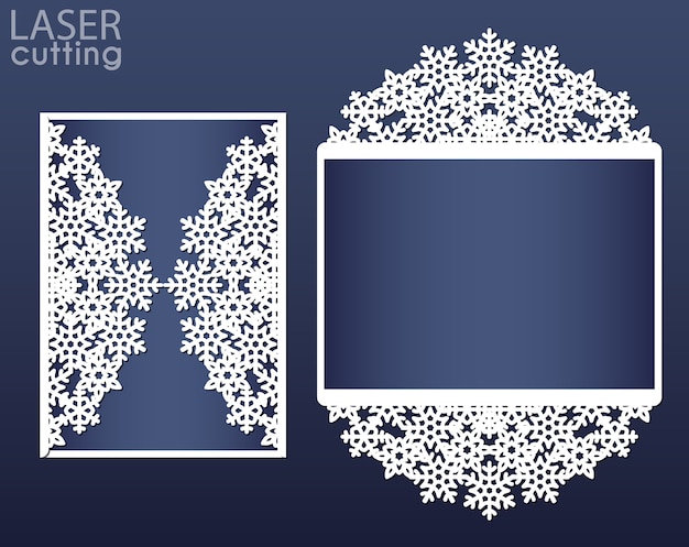 Laser cut invitation card template. cutout paper gate fold card with snowflakes pattern