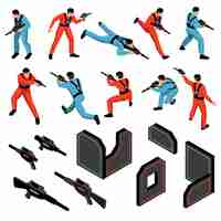 Free vector laser tag game ammunition gear infrared sensitive targets vests guns players isometric icons set isolated vector illustration