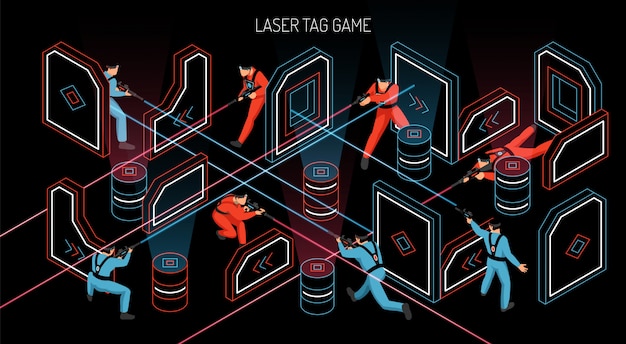 Free vector laser tag indoor outdoor team game horizontal isometric composition with players firing infrared sensitive targets vector illustration