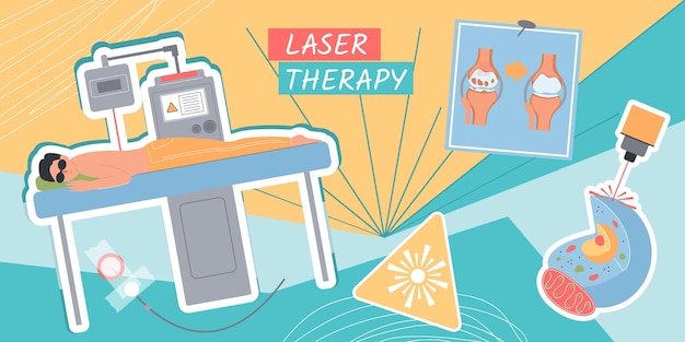 Бесплатное векторное изображение Лазерная терапевтическая композиция с коллажем из плоских иконок, схема предупредительных знаков и пациент на векторной иллюстрации операционного стола