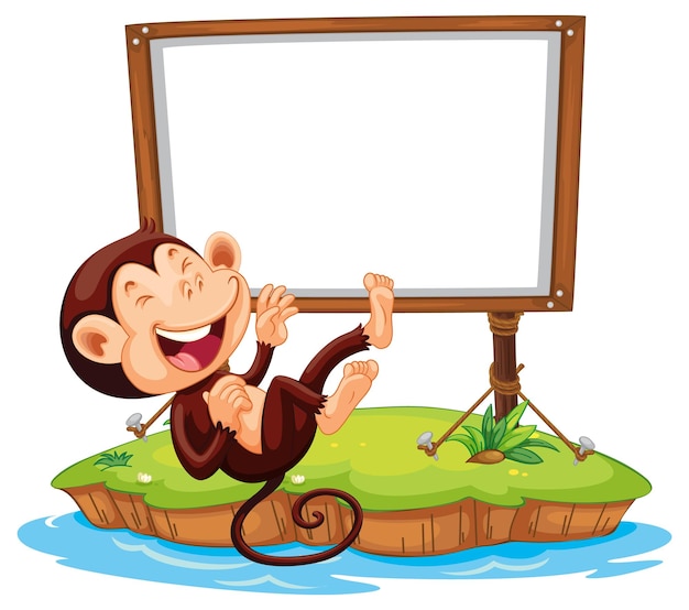 Laughing monkey with blank board on white background