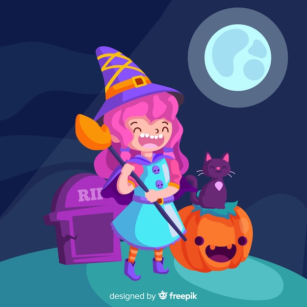 Free vector laughing witch in a cemetery on a full moon night