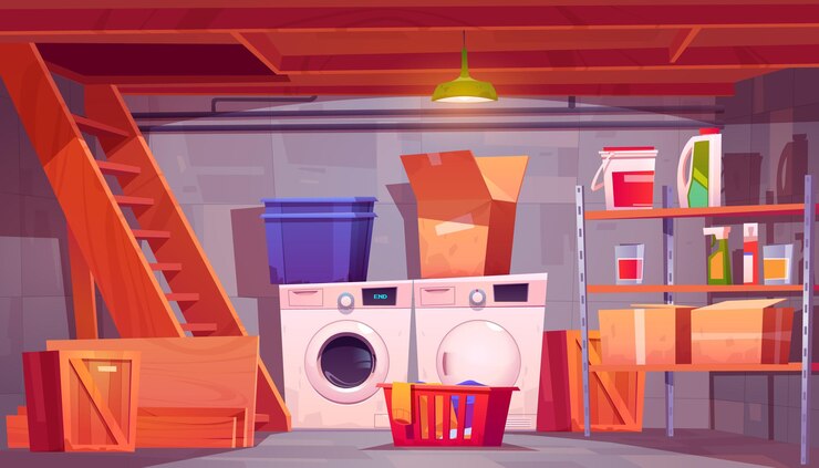 Free Vector laundry in basement home cellar interior with washing and dryer machines detergents on shelves