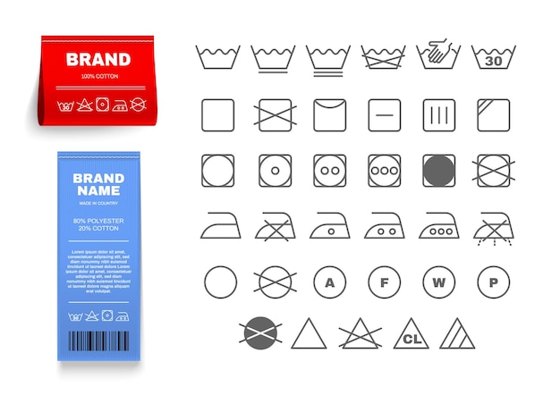 Etichetta di etichette per lavanderia insieme realistica con simboli di stiratura illustrazione vettoriale isolata