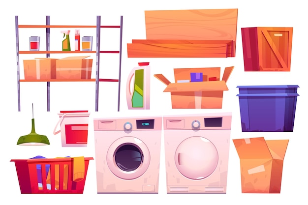 Free vector laundry room equipment for wash and dry clothes cartoon set