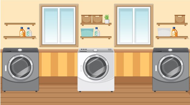 Laundry room interior design with furnitures and decorations