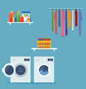 Интерьер прачечной со стиральной машиной, одеждой и чистящими средствами. eps 10