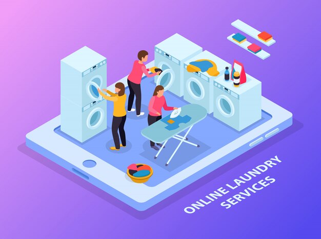 Laundry room isometric composition with conceptual image of tablet and laundry equipment with people on touchscreen