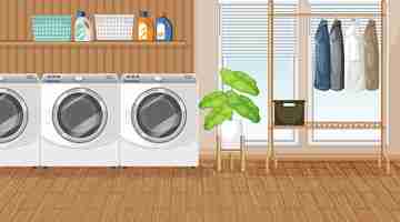 Free vector laundry room scene with washing machine and clothes hanger