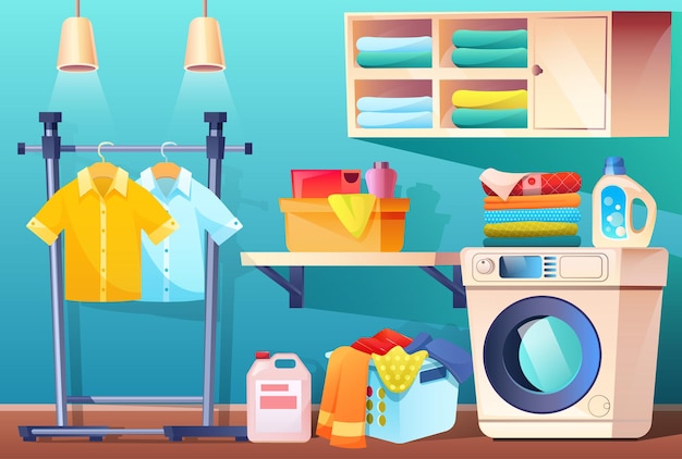 Laundry Room With Clean Or Dirty Clothes And Equipment And Furniture Bathroom With Stuff Washing Machine Basket With Dirty Stained Linen Shelf For Towels And Detergents Cartoon  Illustration