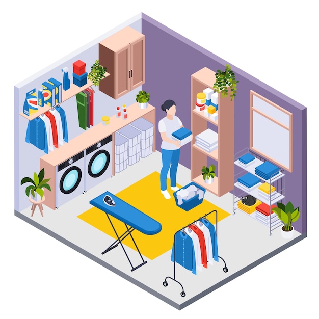 Laundry washing isometric composition with view of room with washing machines detergents and female housemaid character