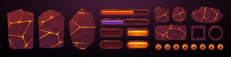무료 Vector 용암 돌 ui 게임 프레임 및 화산 버튼 벡터 gui 앱 인터페이스를 위한 마그마 텍스처와 화재가 있는 화산 폭발 보드 빈 로드 및 진행률 표시줄 균열이 있는 격리된 록 메뉴 요소