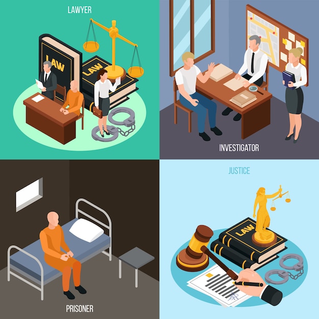 Law justice 4 isometric concept compositions with investigation convict prison cell court proceedings accessories isolated  illustration