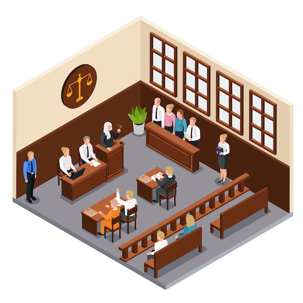 Free vector law justice court trial isometric composition with courtroom interior defendant lawyer judge officer jury witnesses  illustration