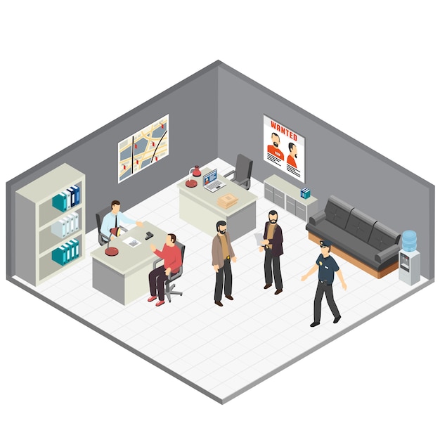 Free vector law justice detectives office isometric composition with crime case investigators  interview witness reconstructing incident details vector illustration