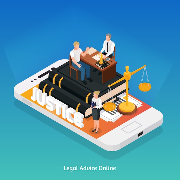 Law justice icons isometric composition concept with phone and justice symbols on top of its screen vector illustration