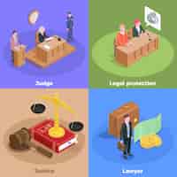 Free vector law justice isometric design concept with icons amd human characters of court session participants with text  illustration