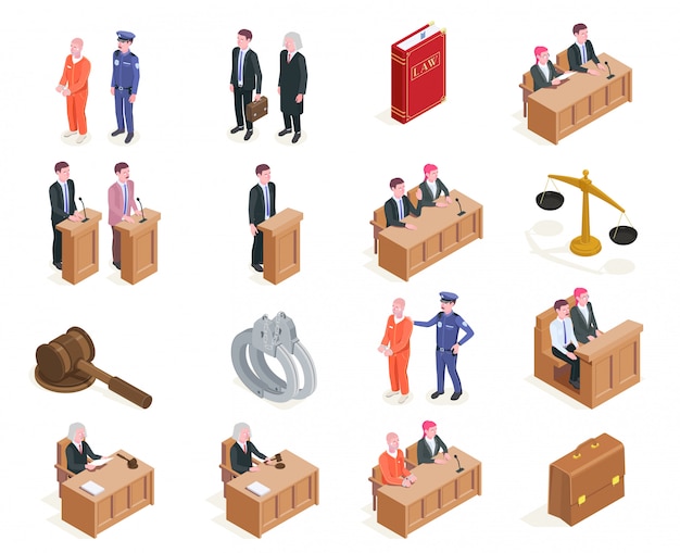 Una raccolta isometrica delle icone della giustizia di legge di sedici immagini isolate con i caratteri umani durante l'illustrazione della seduta della corte