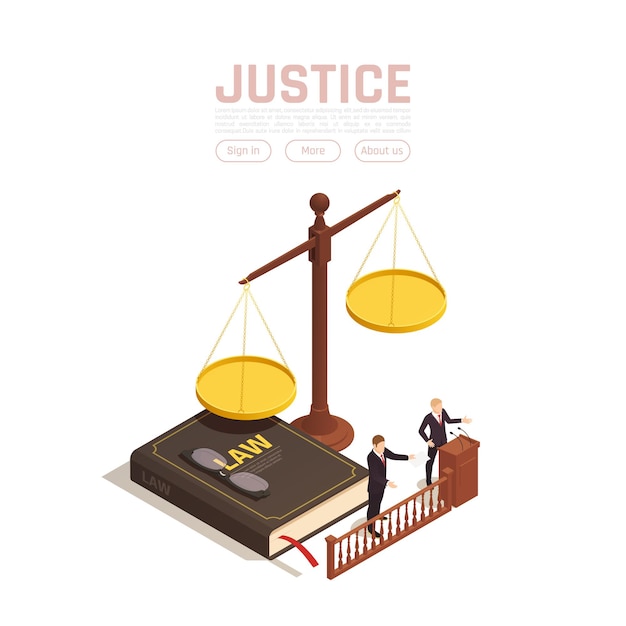 Law justice isometric illustration with  weights with book and people with text buttons