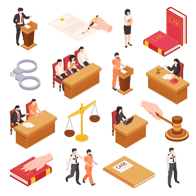 law and justice isometric set of jury trial judge hammer justice scales law code book handcuffs isolated vector illustration