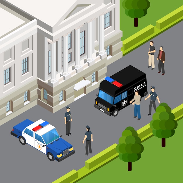 Free vector law justice system isometric composition with crime suspect arrest by police officers scene summer outdoor vector illustration