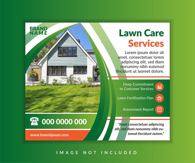 芝生​の​手入れ​と​園芸​サービス​の​チラシデザインテンプレート​は​、​緑​の​グラデーション​カラー​の​パンフレット​テンプレート​を​使用します