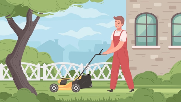 Free vector lawn mowing cartoon poster with male worker cutting grass vector illustration