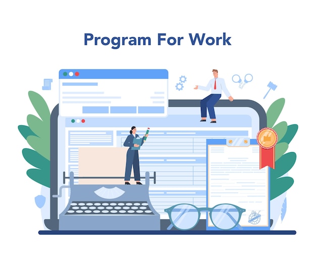 Servizio o piattaforma online per avvocati idea di punizione e giudizio creazione di documenti di regolamento consulente o consulente legale programma online illustrazione piatta vettoriale