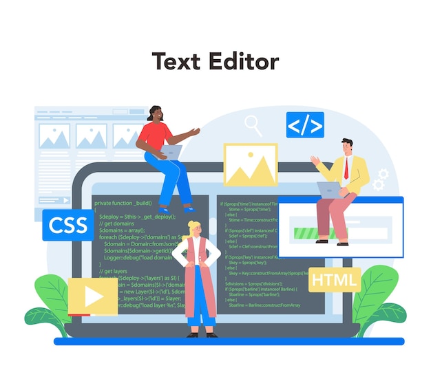 Free vector layout designer online service or platform web development mobile app design and optimization user interface template online text editor flat vector illustration
